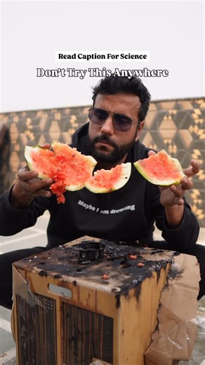 Ashu Ghai on Instagram: "Sodium is reacting with water present inside watermelon. Producing hydrogen and large amount of heating, causing this mess ❤️ #ashusir #scienceandfun #experiment #crazy"