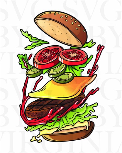 Exploding Cheeseburger SVG: Stacked Burger Graphic (digital Download) - Etsy