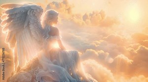 Guardian angel in the clouds of heaven. Spiritual background. Archangel. Heavenly angelic spirit with wings. White angel. Belief. Afterlife. Spiritual Angel. Blessing. Sky clouds with bright light ray