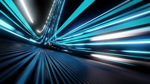 暗いサイバー空間を通じてデジタルデータストリームが激しく押し寄せる。3Dアニメーションの抽象的なテクノロジ背景