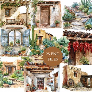 Watercolor Santa Fe Architecture Clipart: Adobe Home, Cactus (25 PNG Files) - Etsy
