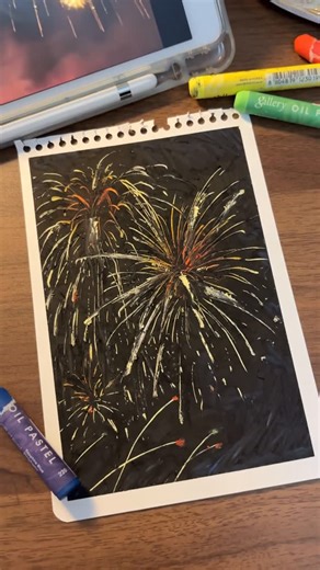 ゆり on Instagram: "花火の描き方🎇✨ 削った時に出るクレヨンのカスは ゴミ箱の上で絵をトントンして落とすか、 綿棒で押さえて絵にくっつけてしまうのがおすすめかな〜🧐 #描き方 #オイルパステル #クレヨン #おえかき #花火 #fireworks #万博夜空がアートになる日 #oilpastel #mungyo"