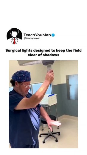 @teachyouman on Instagram: "Surgical lights are designed to keep the operating field completely free of shadows 💡🩺 Unlike normal lights, these systems use multiple overlapping light sources arranged in a circular pattern. If a surgeon’s head or hands block one beam, others instantly fill the gap. The result is uniform, high-intensity illumination with accurate color rendering — critical for spotting tiny details during surgery. Smart design, where light placement can literally save lives. This