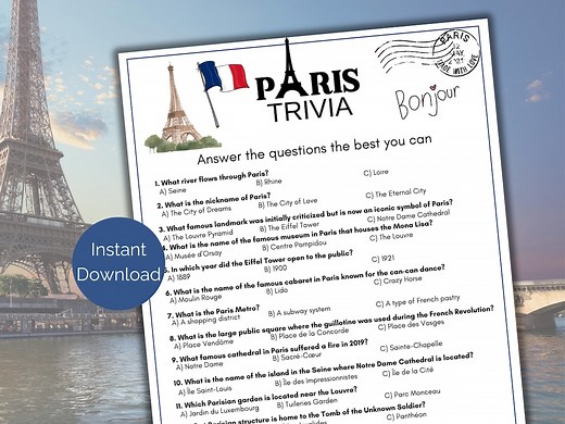 Paris Trivia Game, Paris Quiz, Printable Paris Game for Kids and Adults, Paris Birthday Party Game, French Theme Baby Shower, France Games - Etsy