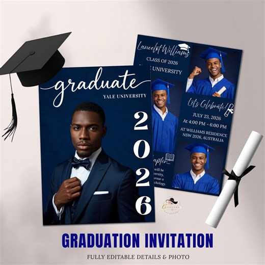 Blue Senior Graduation Invitation, Boy High School Grad With Photo Invite, Class of 2026, Graduates Flyer Card, Digital Printable Template - Etsy