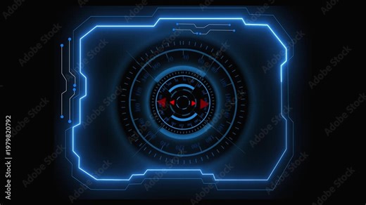 Advanced blue neon HUD frame with circular targeting display. Neon HUD frame concept. Neon HUD frame targeting control.
