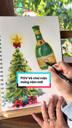 Champagne Bottle Drawing with Colored Pencils