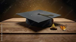A university school graduation cap on a wooden board with glitter decoration. Seamless 4K looping timelapse video animation background