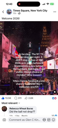 NYC NYE Ball Dropped! So, to be clear. The NY TS ball did drop last night. It didn’t stop on top of the 2026 as in years before. It lowered into a box behind the numbers, this made it not visible. Design choice or mistake? Who knows? #fypage #fyp #foryourpage #nyc #nyeballdrop https://www.facebook.com/share/r/1CiGnDWTNT/?mibextid=wwXIfr