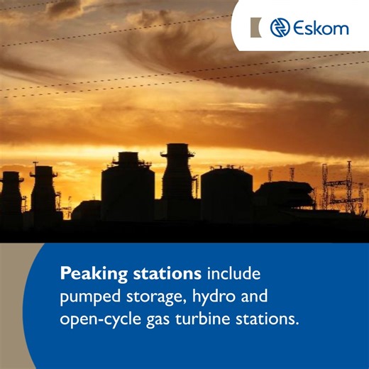 Peaking power stations, including pumped storage, hydro, and open-cycle gas turbines, provide extra power when it's most needed, especially from 17:00 to 22:00. #PoweringSA | Eskom Hld SOC Ltd