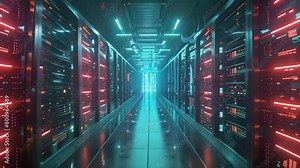 A captivating Video of a long hallway illuminated by rows of alternating red and blue lights, A futuristic data center with glowing servers