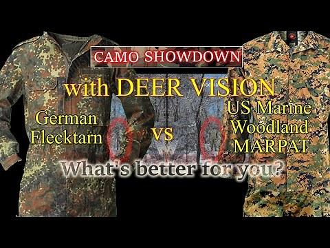 Which is best? German Flecktarn Vs. US Marine Woodland MARPAT on 12 Backgrounds with Deer Vision.