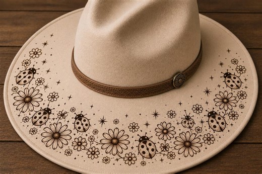 Ladybug & Flower Hat Burning Design SVG | Floral Brim Wrap Template | Cute Boho Hat Pattern | Cowboy Hat Pyrography File - Etsy