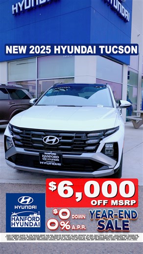 Hanford Hyundai on Instagram: "The Hanford Hyundai Year-End Sales Event is happening right now, and we’re closing out the year with our biggest offers yet. 🎉 HURRY IN now through December 31st to take advantage of these massive savings: ⬇ 💰 $6,000 OFF Hyundai Tucson 💰 $7,000 OFF Hyundai Santa Fe 📈 0% APR Available 📉 $0 DOWN * ⏳ NO PAYMENTS for 90 Days Everything is priced to move and inventory is going fast! 💨 Don’t miss your chance to start the new year in a brand-new ride with huge savin