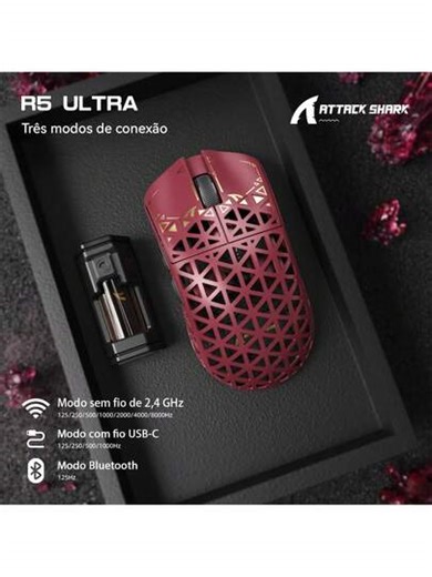 ATTACK SHARK R5Ultra Mouse Gamer Sem Fio de Fibra de Carbono, 8K Polling Rate, 42000 DPI – Sensor PAW3950 MAX – Ultral leve de 39g – Chip Nordic 52840 MCU – Mouse Programável com Fio/Bluetooth/2.4GHz para PC/Win | SHEIN
