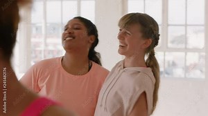 dance class best friends hugging celebrating successful practice workout having fun together in fitness studio
