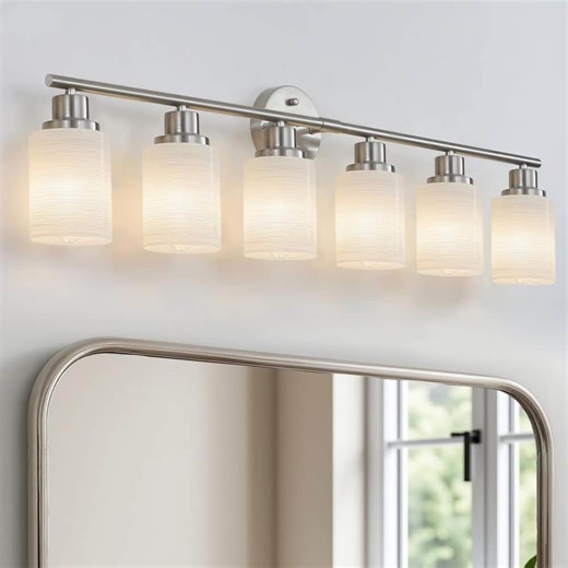 Check The Home Depot's Q&A Before Buying: Jushua 38.6 in. W 6-Light Silver Brushed Nickel LED Vanity Light Wall Lamps with White Frosted Glass Dimmmable (No Bulbs)