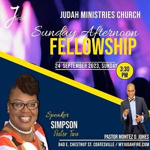 Join us for afternoon worship at 3:30 PM! Pastor Tina Simpson will be our guest speaker! We are looking forward to the fellowship. We’d love to see you! | Judah Ministries C.O.G.I.C