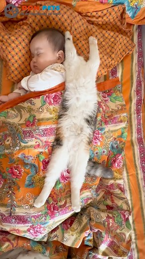 The cat sleeping next to the baby is so cute | Don Pets