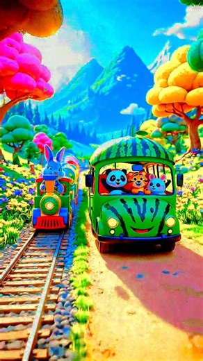Cute Bunny Train & Watermelon Bus Adventure | Magical Cartoon Animal Ride 🌈🐰#youtubeshorts #cartoon🚂