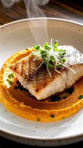 Pan-Seared Barramundi Fillet on Lemon Myrtle Mashed Pumpkin with Micro Herbs – Photorealistic