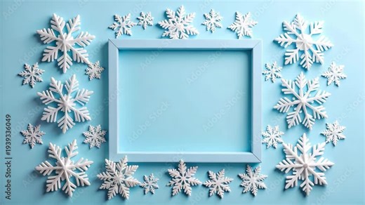 Blue picture frame mockup with white decorative snowflakes on light blue background for winter holiday greeting card