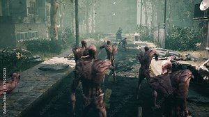 A soldier of the Apocalypse shoots creepy zombies with a machine gun in a deserted and abandoned apocalyptic city. Animation for fantasy, science fiction, zombie and Apocalypse backgrounds.