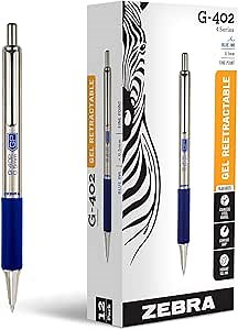 Zebra Pen G-402 Retractable Gel Pen, Stainless Steel Barrel, Fine Point, 0.5mm, Blue Ink, 12-Pack (49920)