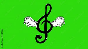 Winged treble clef miscal note animation, flapping wings. On a green chroma key background