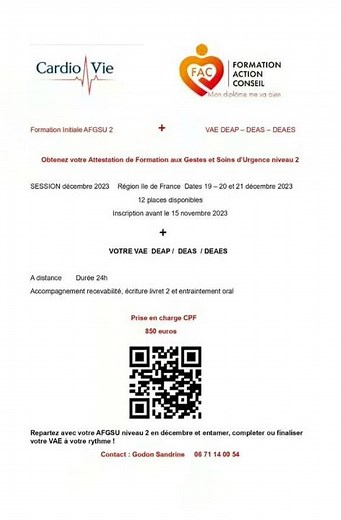 inscrivez vous vite pour passer votre AFGSU 2 en décembre et travailler votre VAE a votre rythme !