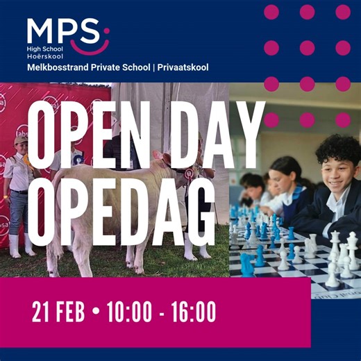 Opedag 21 Februarie 2026. - Akademiese uitnemendheid - 15 Jaar van 100% Baccalaureus-Slaagsyfer - Dubbel medium (Afrikaans & Engels) - Christelike waardes in aksie Kom besoek ons Opedag en ervaar die MPS plaas-omgewing - n plek van veiligheid en omgee. MPS is geregistreer en ten volle geakkrediteer. Open Day 21 February 2026. - Academic Excellence - 15 years of 100% Bachelor’s pass rate - Dual medium (Afrikaans & English) - Christian values in a loving environment Visit our Open Day and experien