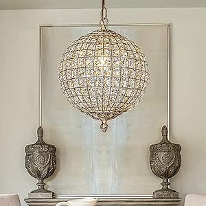 ALOADECOR 1-Light W12 in. Retro Antique Gold Globe Chandelier Small Crystal Vintage Cage-Style Shade Pendant Light for Kitchen Island Sphere Light Fixture for Bedoom