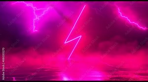 A neon sign with a lightning bolt on it is lit up in a dark room. The sign is pink and purple, and the lightning bolt is glowing brightly. Scene is intense and dramatic, with the bright colors