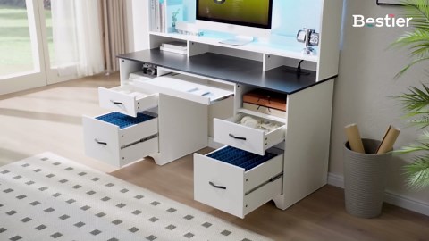 Amazon.com: Bestier 77.8" H Executive Desk with Hutch, Modern Wood Computer Desk with Drawers, Charging Station, LED Light, Fluted Storage Cabinet, Keyboard Tray, 59" W Office Desk for Home Office, Black : Home & Kitchen