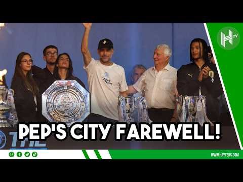 Manchester City players past and present celebrate Pep Guardiola
