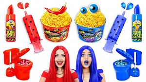 522K views · 10K reactions | Well, lovers of delicious food, let's have a new food challenge? Yes, yes, we know you love it! What do you say if we only eat sweet and spicy foods of the same color? Can we survive 24 hours only on blue sweet and red spicy food? So, let's start this crazy challenge as soon as possible and test our strength! The strongest will win! | Ratata | Facebook