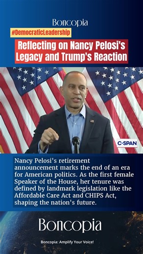 Reflecting on Nancy Pelosi's Legacy and Trump's Reaction Nancy Pelosi's retirement announcement marks the end of an era for American politics. As the first female Speaker of the House, her tenure was defined by landmark legislation like the Affordable Care Act and CHIPS Act, shaping the nation's future. Rep. Hakeem Jeffries praised her as a mentor and legislative giant, highlighting her transformative impact. Contrastingly, Donald Trump labeled her retirement a "great thing for America," calling