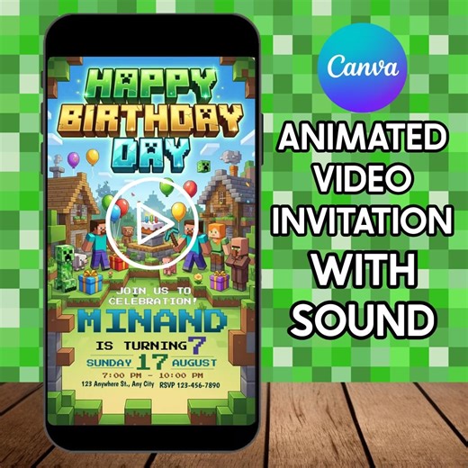 Minecraft Birthday Invitation Video, Editable Minecraft Party Invite, Animated Minecraft Birthday Invite, Canva Template, Kids Party Invite - Etsy