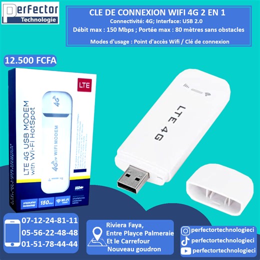 Perfector Technologie Côte d'Ivoire on Instagram: "📶 Clé de Connexion 4G LTE – WiFi Mobile et Dongle 📍 Localisation : Riviera Abatta, après la Station Shell, entre les banques NSIA et BOA (en allant vers Bingerville). 📞 Contacts / WhatsApp : +225 07 12 24 81 11 • 05 56 22 48 48 • 01 51 78 44 44 🚚 Livraison à Abidjan & villes de l’intérieur (frais à la charge du client pour paiement via Mobile Money) 🌐 Perfector Technologie Côte d’Ivoire La Crème de la Tech