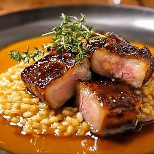 Jarret de porc confit en cubes, risotto doré au jus corsé Nombre de personnes: 4 personnes Temps de préparation: Préparation: 35 minutes Cuisson: 3 heures Ingrédients: Pour le jarret: Jarret de porc désossé: 1,5 kg Ail: 4 gousses (20 g) Thym frais: 4 branches Laurier: 2 feuilles Oignon jaune: 200 g (1 gros) Bouillon de volaille: 1,2 L Huile d'olive: 2 c. à soupe (20 ml) Beurre: 30 g Sel fin: 12 g Poivre noir moulu: 6 g Pour le risotto: Riz arborio: 320 g Oignon: 120 g Beurre: 40 g Huile d'olive: