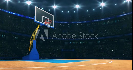 Basketball court and view on the basket. Sport arena as 4k background animation in endless loop.