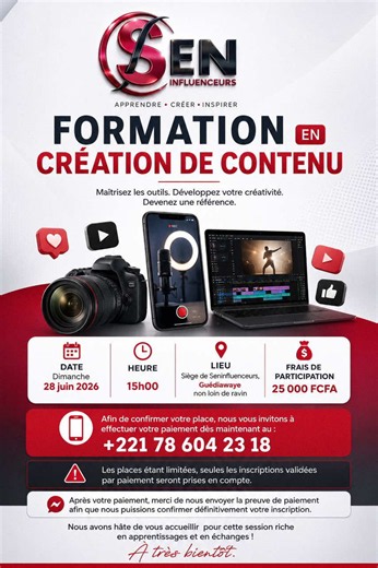 @seninfluenceurs🥇 🎥✨ Envie de passer au niveau supérieur dans la création de contenu ? Rejoignez notre formation et apprenez à créer des contenus captivants pour TikTok, Instagram et bien plus encore. 📅 Dimanche 28 juin 2026 ⏰ 15h00 📍 Guédiawaye 📲 Infos & inscription : 221 78 604 23 18 #CréationDeContenu #TikTok #Instagram #Formation #SenInfluenceurs