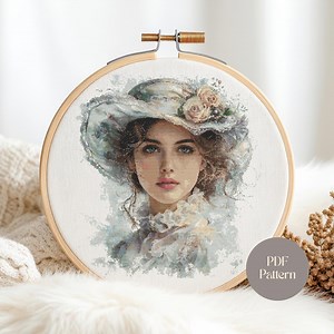 Victorian Lady Cross Stitch Pattern Elegant Woman PDF Portrait Embroidery Chart Full Stitch Romantic Vintage Hat Flowers DIY Decor - Etsy
