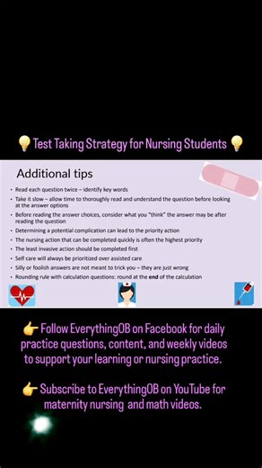 💡 Test Taking Strategy for Nursing Students 💡 👉 Follow Everything OB: Maternal Newborn Nursing on Facebook and @everything.ob on Instagram for daily practice questions, content, and weekly videos to support your learning or practice. 👉 Subscribe to EverythingOB on YouTube for maternity nursing and math videos. #nursingstudent #NCLEX #nclexprep #testtakingstrategies #testtakingtips | Everything OB: Maternal Newborn Nursing