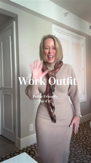 Camel dress printed scarf = instant polish 🤎✨ Simple outfits just need one finishing touch. The scarf adds personality and that styled on purpose feel. ✨ Follow for effortless styling tips #petitefashion #ootd #businesscasual #styletip #lookgoodfeelgood