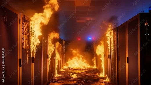 Catastrophic fire engulfs a modern data center. Flames spread rapidly across server racks and equipment. Depicting a major it infrastructure disaster and system failure