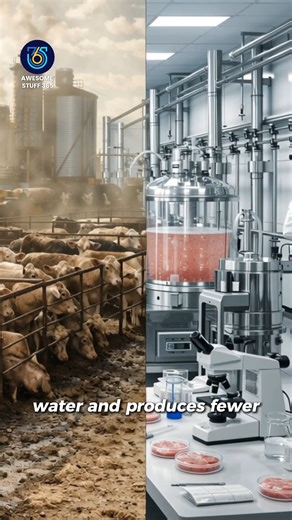 Lab-grown meat is created using cellular agriculture, offering a sustainable and ethical way to produce food with less environmental impact. What does this technology make you think about the future of food and sustainability? | Awesome Stuff 365