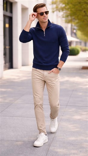 Men’s Smart Casual Outfit | Navy Sweatshirt & Beige Jeans #fashion #shorts #youtubeshorts #youtube