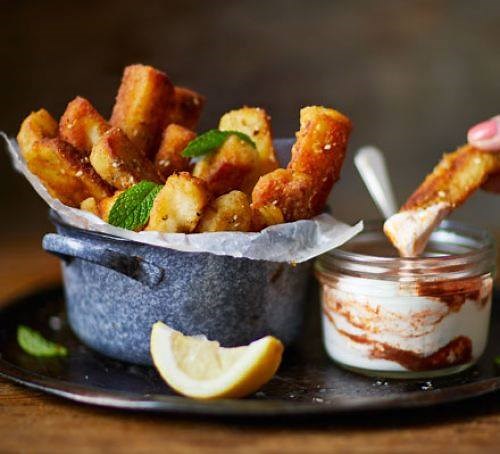 Halloumi fries have arrived! FULL RECIPE: https://www.bbcgoodfood.com/videos/hacks/next-level-halloumi-fries | Good Food