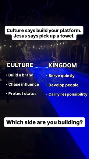 Caption Culture says build your platform. Jesus says pick up a towel. That tension is where real leadership gets revealed. Our world is obsessed with visibility. Build the brand. Grow the platform. Protect the title. Chase the spotlight. But the Kingdom of God runs on a completely different operating system. While culture says “climb higher,” Jesus says “go lower.” While culture says “build your influence,” Jesus says “serve people.” While culture says “protect your status,” Jesus says “carry re